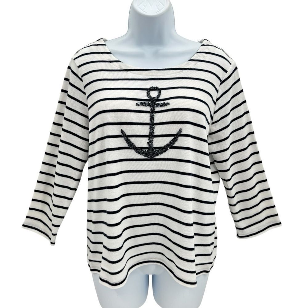 Hasting & Smith Beaded Anchor Blue White Nautical Top Sz. PL Fisherman